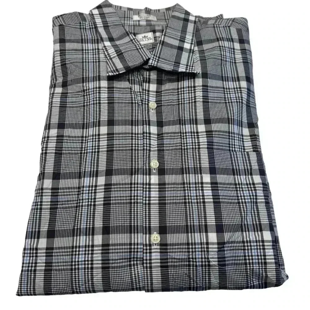 Peter Millar Mens XL Gray Blue Plaid 100% Cotton Button Up Long Sleeve Shirt